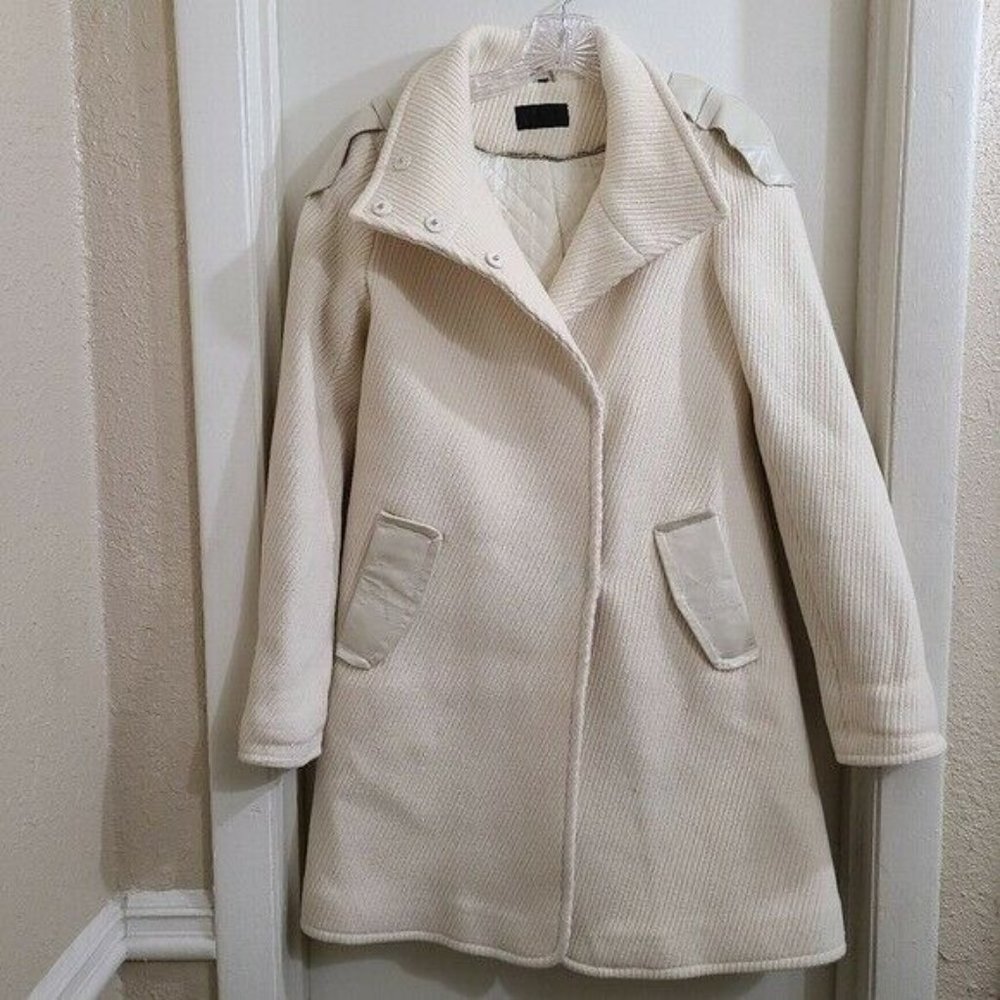 RUDSAK Ivory Designer Wool Leather Button Up Long Trench Coat Size XS - Picture 1 of 12